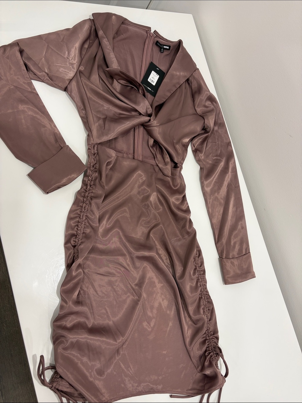 Fashion Nova Mauve Satin Ruched Long-Sleeve Dress
